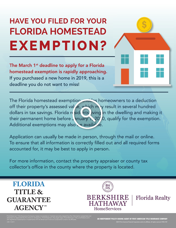 Florida Homestead Exemption Reminder March 1 Application Deadline